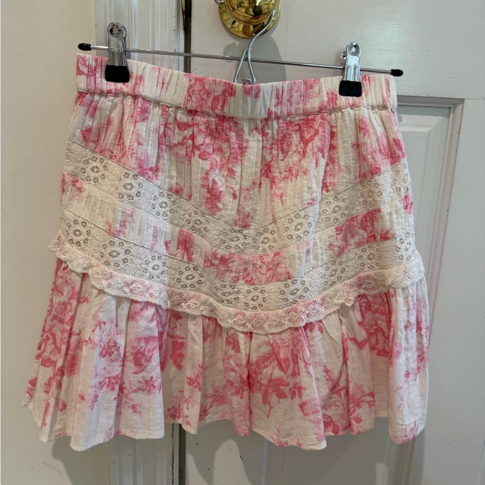 LoveShackFancy Pink and White Floral Lace-Trim Mini Skirt